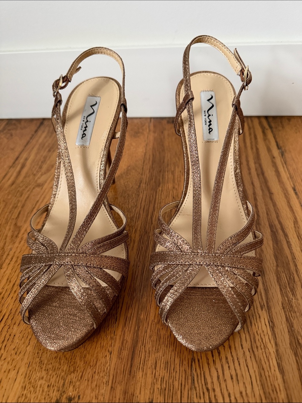 Metallic bronze Gold Strappy Slingback Heels - Women Shoes - Picture 2 of 5